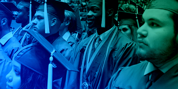 photo of smiling graduates flipping their tassles with a ACD brand blue & green gradient overlay